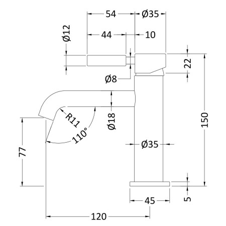 TEL305 Hudson Reed Tec Lever Mono Basin Mixer in Chrome Line Drawing