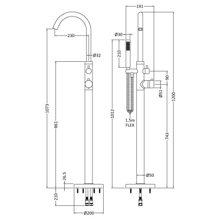 PN322 Hudson Reed Tec Lever Thermostatic Floor Standing Bath Shower Mixer Dimensions