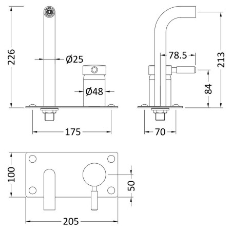 PK328 Hudson Reed Tec Single Lever Wall Mounted Basin Bath Filler Dimensions