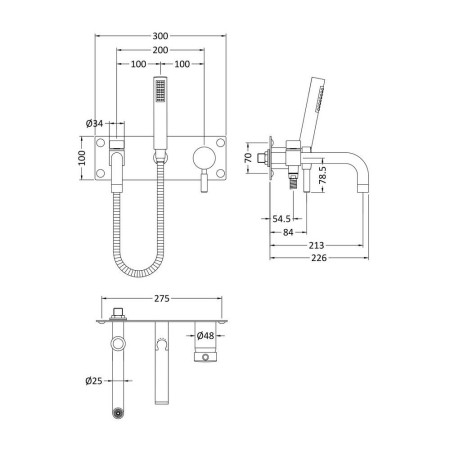 PK350 Hudson Reed Tec Single Lever Wall Mounted Bath Shower Mixer Line Drawing