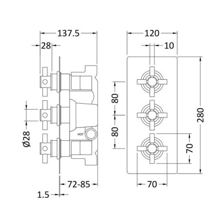 KRI8023 Hudson Reed Tec Triple Crosshead Thermostatic Shower Valve with Diverter in Brushed Brass (2)