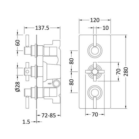 A8003 Hudson Reed Tec Triple Thermostatic Shower Valve in Brushed Brass Line Drawing
