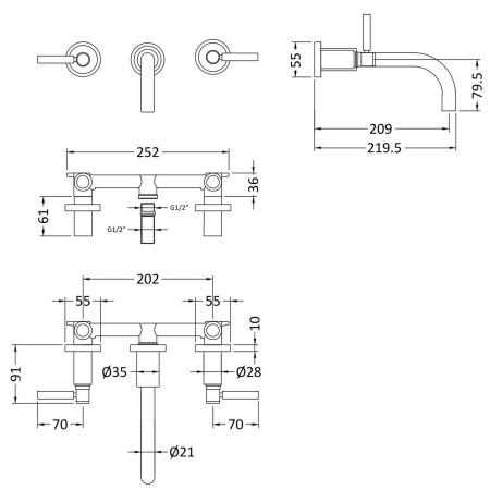 TEL317 Hudson Reed Tec Wall Mounted Basin Mixer Line Drawing