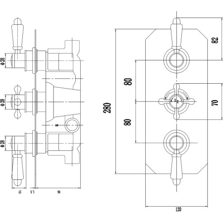 TSVT803 Hudson Reed Topaz Brushed Brass Triple Concealed Thermostatic Shower Valve Line Drawing