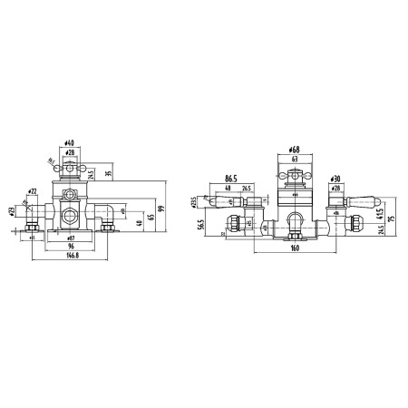 TSVT8102 Hudson Reed Topaz Brushed Brass Triple Exposed Thermostatic Shower Valve Line Drawing