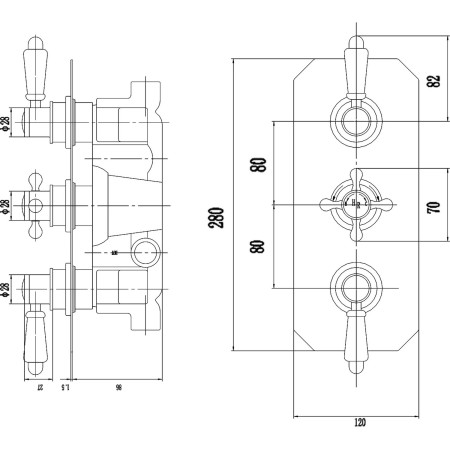 TSVT705 Hudson Reed Topaz Brushed Pewter Triple Concealed Thermostatic Shower Valve with Diverter Line Drawing