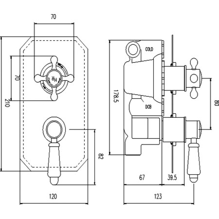 TSVT702 Hudson Reed Topaz Brushed Pewter Twin Concealed Thermostatic Shower Valve Line Drawing
