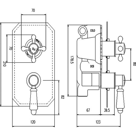 TSVT704 Hudson Reed Topaz Brushed Pewter Twin Concealed Thermostatic Shower Valve with Diverter Line Drawing