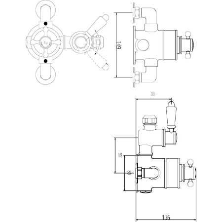 TSVT701 Hudson Reed Topaz Brushed Pewter Twin Exposed Thermostatic Shower Valve Line Drawing