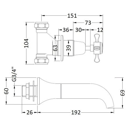 BC709DX Hudson Reed Topaz Crosshead Dome 3TH Brushed Pewter Wall Mounted Bath Filler Line Drawing