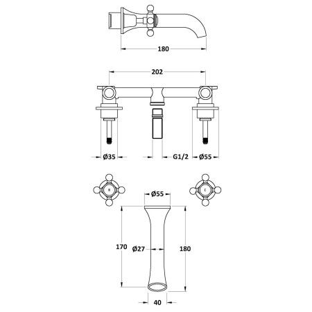 BC417DX Hudson Reed Topaz Crosshead Dome Black Wall Mounted 3TH Basin Mixer Line Drawing