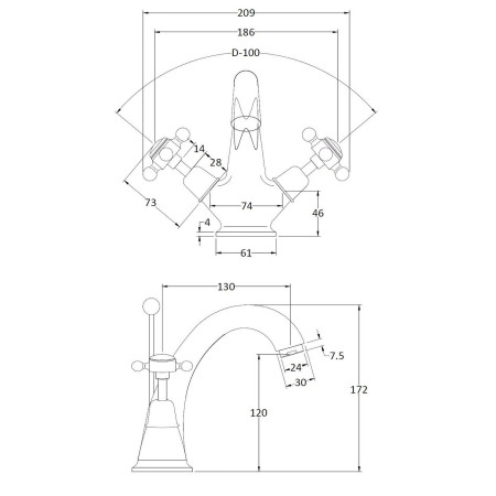 BC805DX Hudson Reed Topaz Crosshead Dome Brushed Brass Basin Mixer with Waste Line Drawing