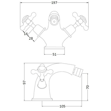 BC806DX Hudson Reed Topaz Crosshead Dome Brushed Brass Bidet Mixer with Waste Line Drawing