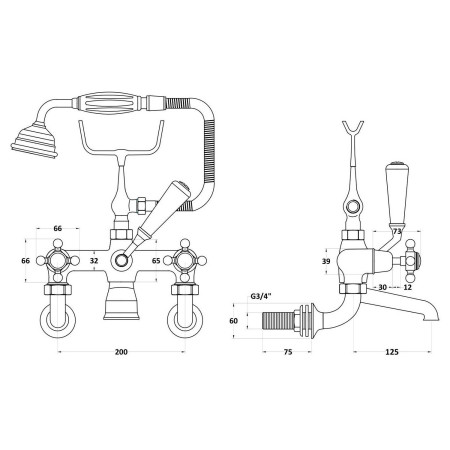 BC804DXWM Hudson Reed Topaz Crosshead Dome Brushed Brass Wall Mounted Bath Shower Mixer Line Drawing