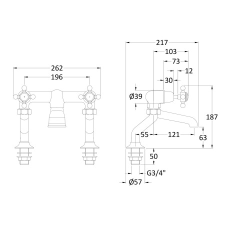 BC703DX Hudson Reed Topaz Crosshead Dome Brushed Pewter Bath Filler Line Drawing