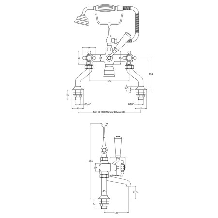 BC704DX Hudson Reed Topaz Crosshead Dome Brushed Pewter Bath Shower Mixer Line Drawing