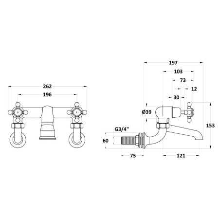 BC703DXWM Hudson Reed Topaz Crosshead Dome Brushed Pewter Wall Mounted Bath Filler Line Drawing