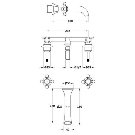 BC317DX Hudson Reed Topaz Crosshead Dome White Wall Mounted 3TH Basin Mixer Line Drawing
