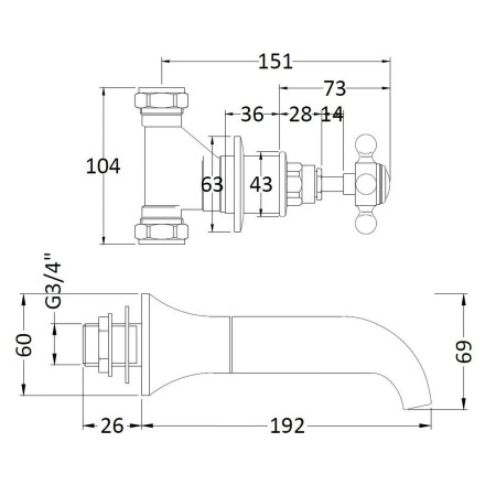 BC709HX Hudson Reed Topaz Crosshead Hexagonal 3TH Brushed Pewter Wall Mounted Bath Filler Line Drawing