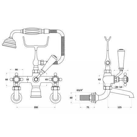 BC804HXWM Hudson Reed Topaz Crosshead Hexagonal Brushed Brass Wall Mounted Bath Shower Mixer Line Drawing