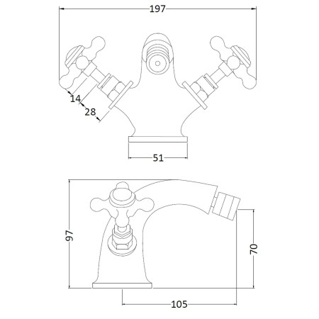 BC706HX Hudson Reed Topaz Crosshead Hexagonal Brushed Pewter Bidet Mixer with Waste Line Drawing