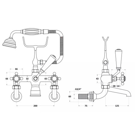 BC704HXWM Hudson Reed Topaz Crosshead Hexagonal Brushed Pewter Wall Mounted Bath Shower Mixer Line Drawing