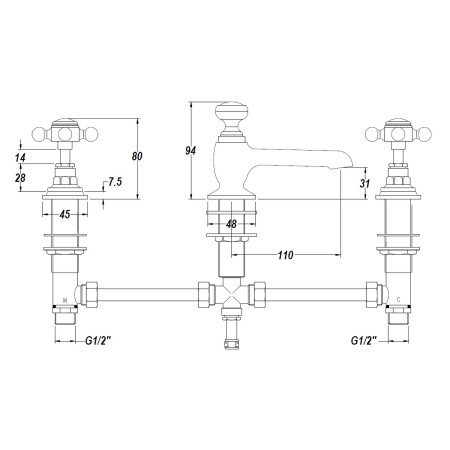 BC707HX Hudson Reed Topaz Crosshead Hexagonal Collar 3TH Brushed Pewter Basin Mixer with Waste Line Drawing