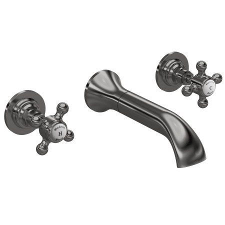 Hudson Reed Topaz Crosshead Hexagonal Collar 3TH Brushed Pewter Wall Mounted Basin Mixer