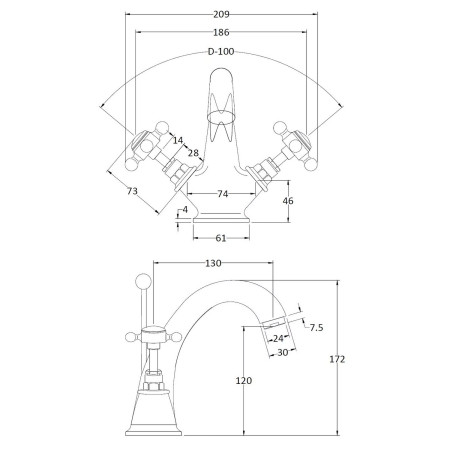 BC705HX Hudson Reed Topaz Crosshead Hexagonal Collar Basin Mixer with Waste in Brushed Pewter Line Drawing
