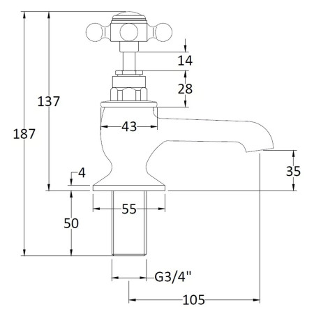 BC702HX Hudson Reed Topaz Crosshead Hexagonal Collar Bath Taps in Brushed Pewter Line Drawing