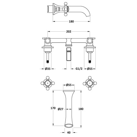 BC317HX Hudson Reed Topaz Crosshead Hexagonal White Wall Mounted 3TH Basin Mixer Line Drawing