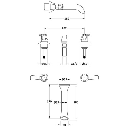 BC417DL Hudson Reed Topaz Lever Dome Black 3TH Wall Mounted Basin Mixer Line Drawing