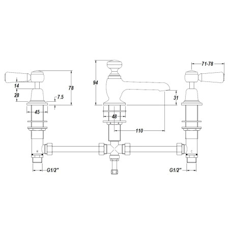 BC807DL Hudson Reed Topaz Lever Dome Brushed Brass 3TH Basin Mixer with Waste Line Drawing