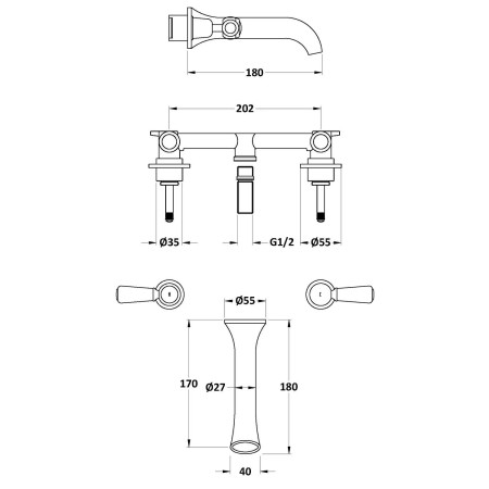 BC817DL Hudson Reed Topaz Lever Dome Brushed Brass 3TH Wall Mounted Basin Mixer Line Drawing