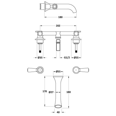 BC717DL Hudson Reed Topaz Lever Dome Brushed Pewter 3TH Wall Mounted Basin Mixer Line Drawing