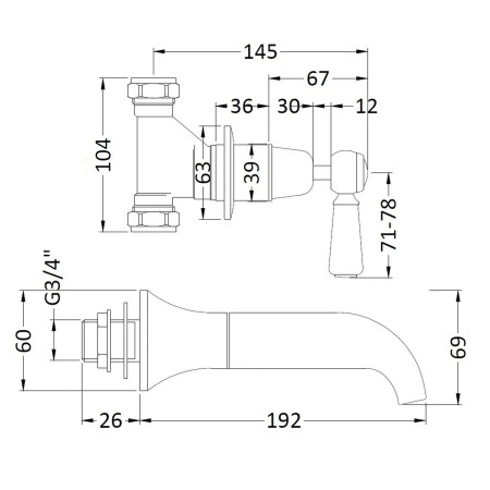 BC709DL Hudson Reed Topaz Lever Dome Brushed Pewter 3TH Wall Mounted Bath Filler Line Drawing