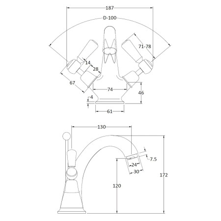 BC705DL Hudson Reed Topaz Lever Dome Brushed Pewter Basin Mixer with Waste Line Drawing