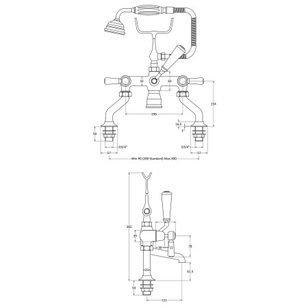 BC704DL Hudson Reed Topaz Lever Dome Brushed Pewter Bath Shower Mixer Line Drawing