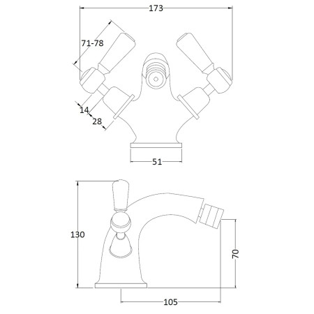 BC706DL Hudson Reed Topaz Lever Dome Brushed Pewter Bidet Mixer with Waste Line Drawing