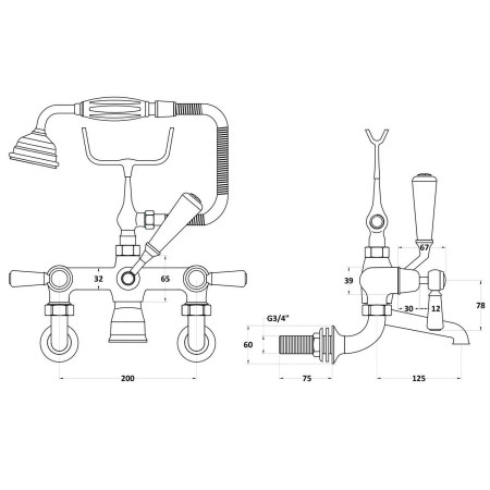 BC704DLWM Hudson Reed Topaz Lever Dome Brushed Pewter Wall Mounted Bath Shower Mixer Line Drawing
