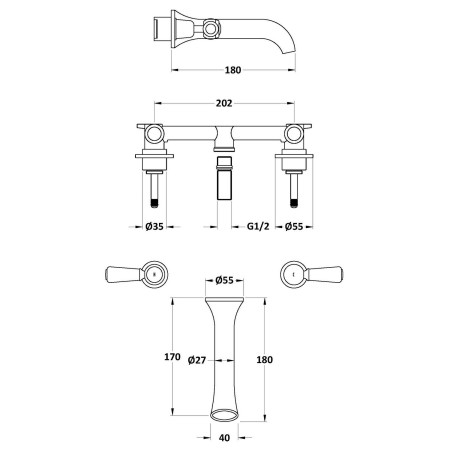 BC317DL Hudson Reed Topaz Lever Dome White 3TH Wall Mounted Basin Mixer Line Drawing