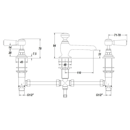 BC807HL Hudson Reed Topaz Lever Hexagonal Brushed Brass 3TH Basin Mixer with Waste Line Drawing