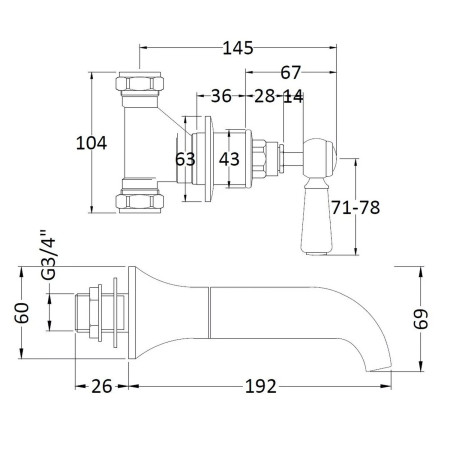 BC809HL Hudson Reed Topaz Lever Hexagonal Brushed Brass 3TH Wall Mounted Bath Filler Line Drawing