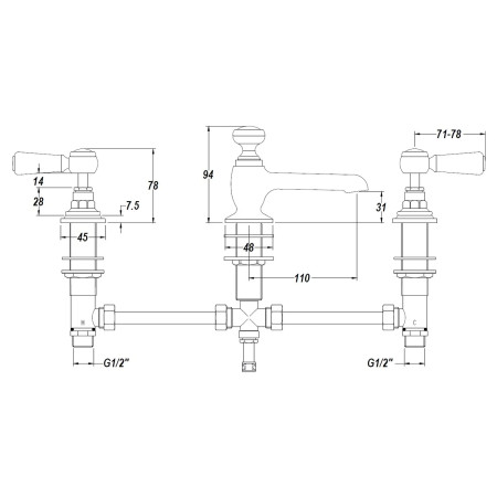 BC707HL Hudson Reed Topaz Lever Hexagonal Brushed Pewter 3TH Basin Mixer with Waste Line Drawing