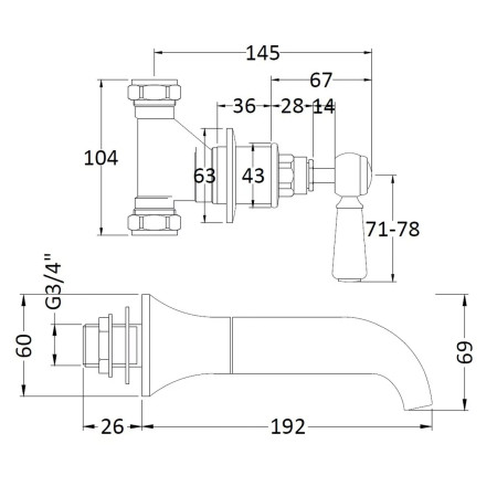 BC709HL Hudson Reed Topaz Lever Hexagonal Brushed Pewter 3TH Wall Mounted Bath Filler Line Drawing