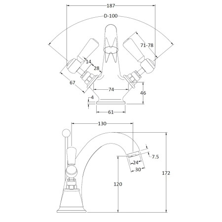BC705HL Hudson Reed Topaz Lever Hexagonal Brushed Pewter Basin Mixer with Waste Line Drawing