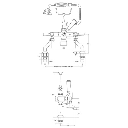 BC704HL Hudson Reed Topaz Lever Hexagonal Brushed Pewter Bath Shower Mixer Line Drawing