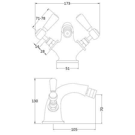 BC706HL Hudson Reed Topaz Lever Hexagonal Brushed Pewter Bidet Mixer with Waste Line Drawing