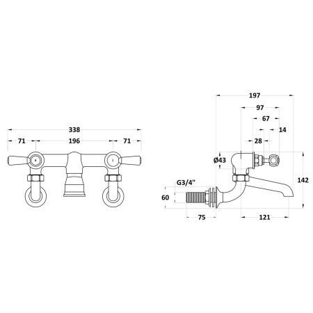 BC703HLWM Hudson Reed Topaz Lever Hexagonal Brushed Pewter Wall Mounted Bath Filler Line Drawing