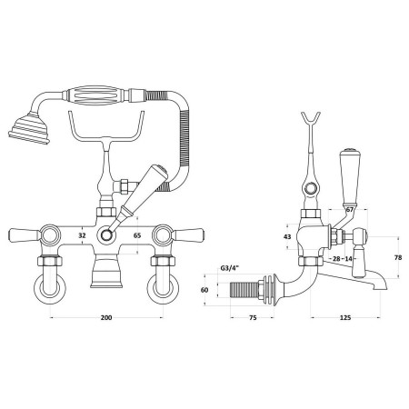 BC704HLWM Hudson Reed Topaz Lever Hexagonal Brushed Pewter Wall Mounted Bath Shower Mixer Line Drawing